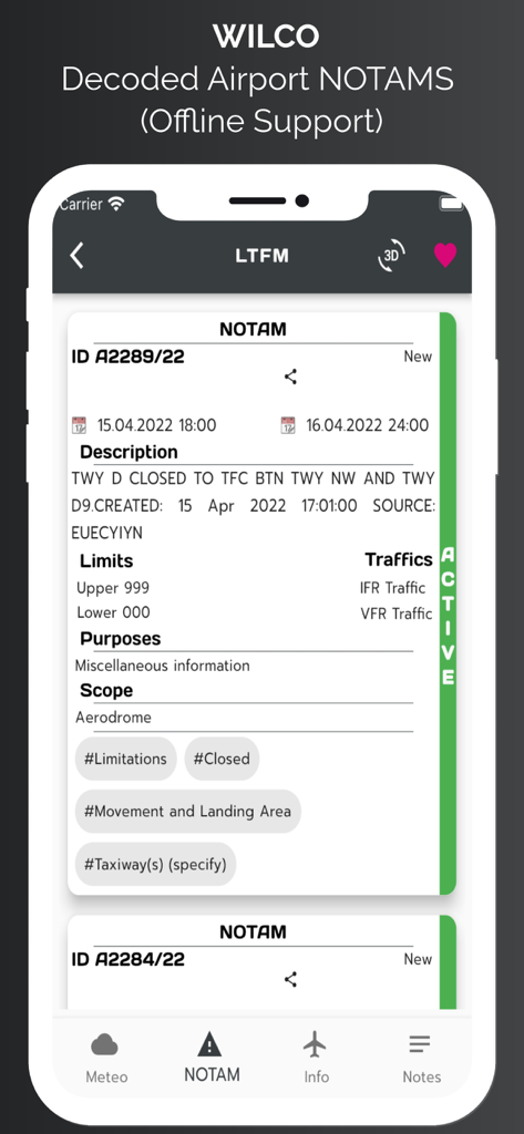 WilCo - Pilot Aviation Weather - Smartphone screen displaying decoded airport NOTAM information in the WilCo aviation app