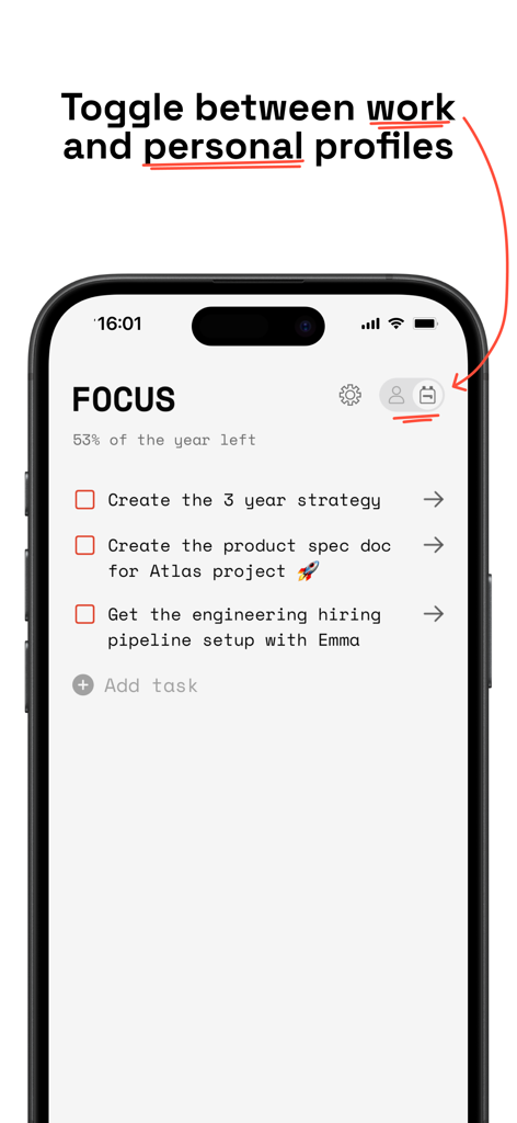Focus To Do app interface showing a minimalist task list and a toggle to switch between work and personal profiles
