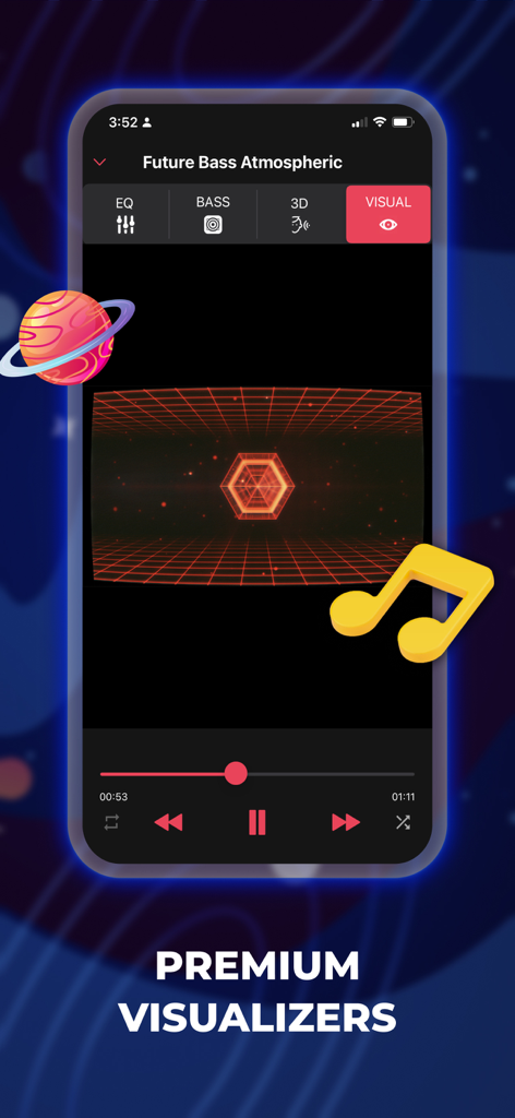 iEqualizer: Bass Booster Amp - Un smartphone que muestra la función premium de visualizador de música en la aplicación iEqualizer