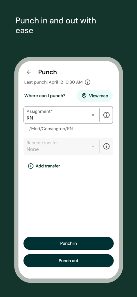 UKG Pro - The UKG Pro mobile app screen for punching in and out of work