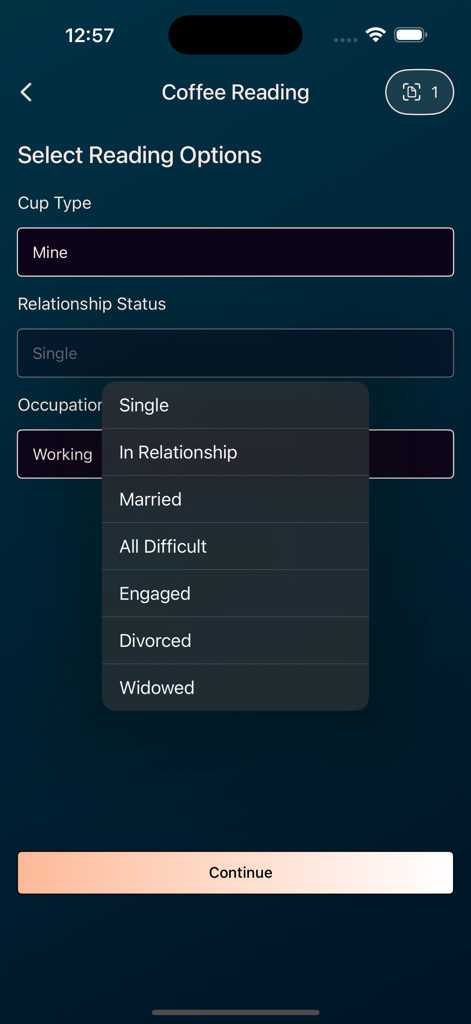 App screen showing selection options for a personalized coffee fortune reading