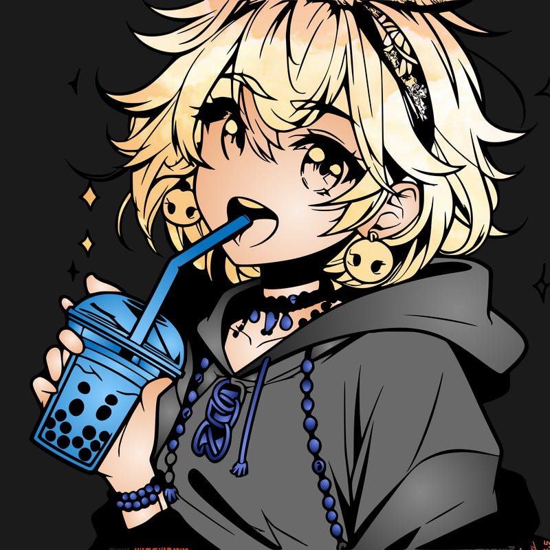 hot baddie anime girl drinking boba and biting the straw