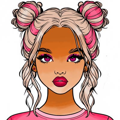 realistic girl with two buns in hair and lips