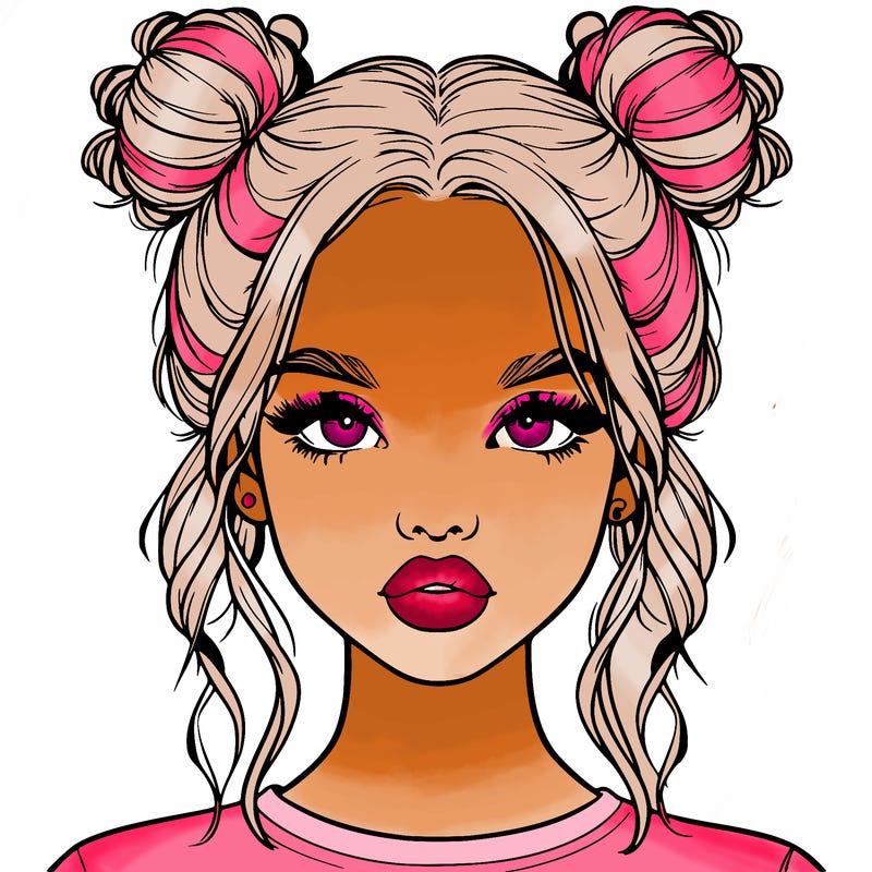 realistic girl with two buns in hair and lips