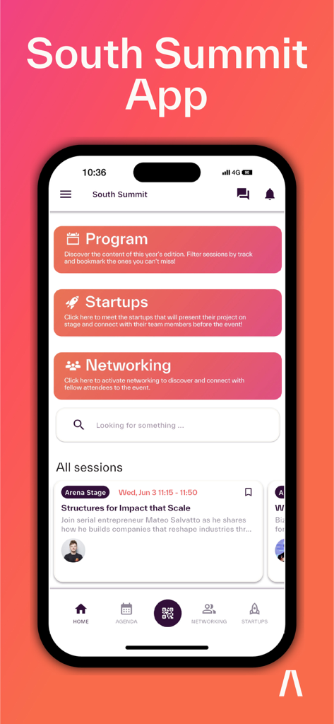 La pantalla de inicio de la app South Summit mostrando opciones de menú para programas, startups y sesiones de networking.
