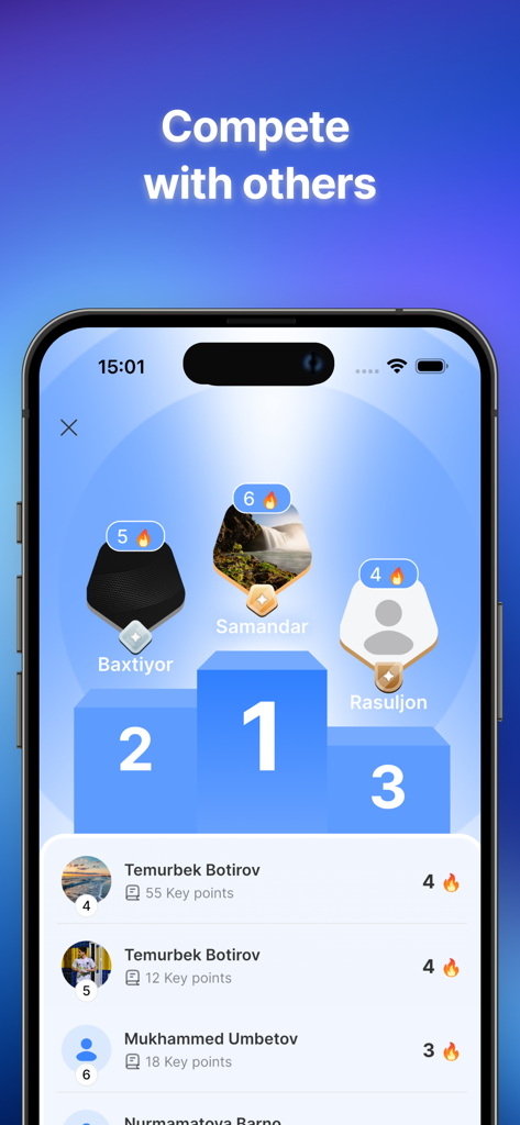 Pantalla de tabla de clasificación de la aplicación Tingla que muestra a los mejores usuarios en un podio y una lista de competidores con sus puntos.