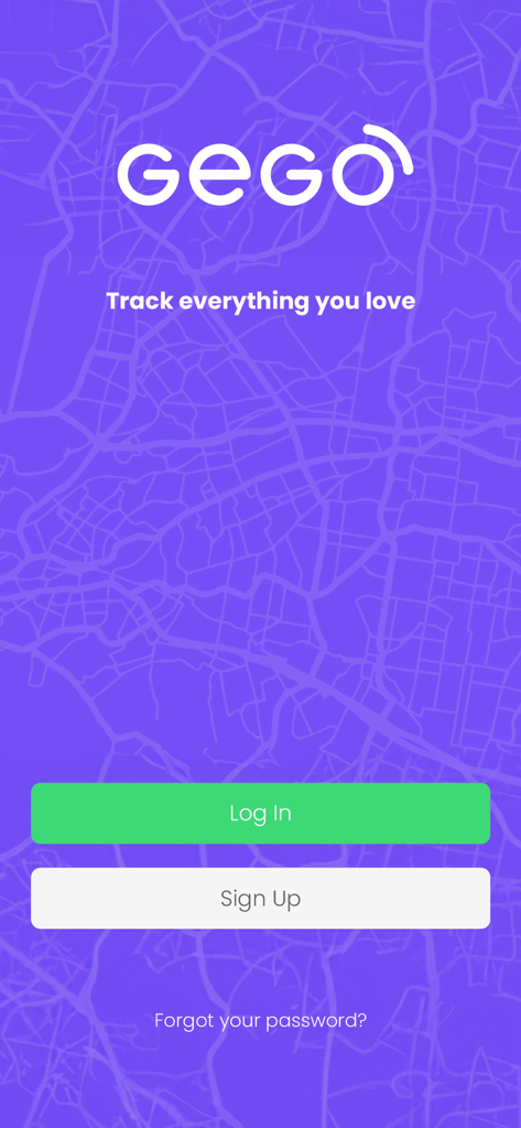 Tela de boas-vindas do aplicativo rastreador GPS GEGO com botões de login e cadastro sobre um mapa roxo.