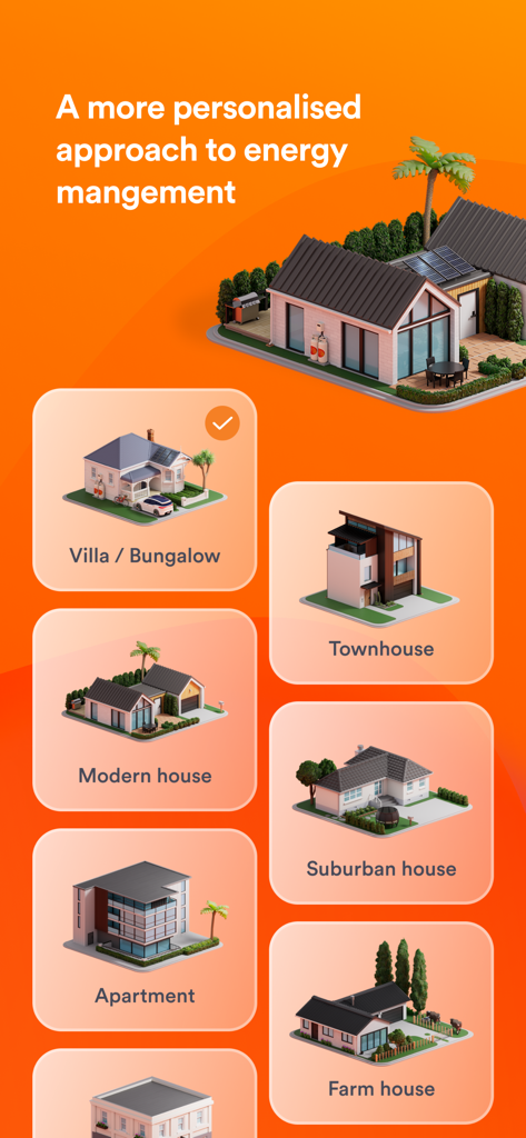 Energy IQ - A screenshot of the Energy IQ app displaying different house types for personalized energy management