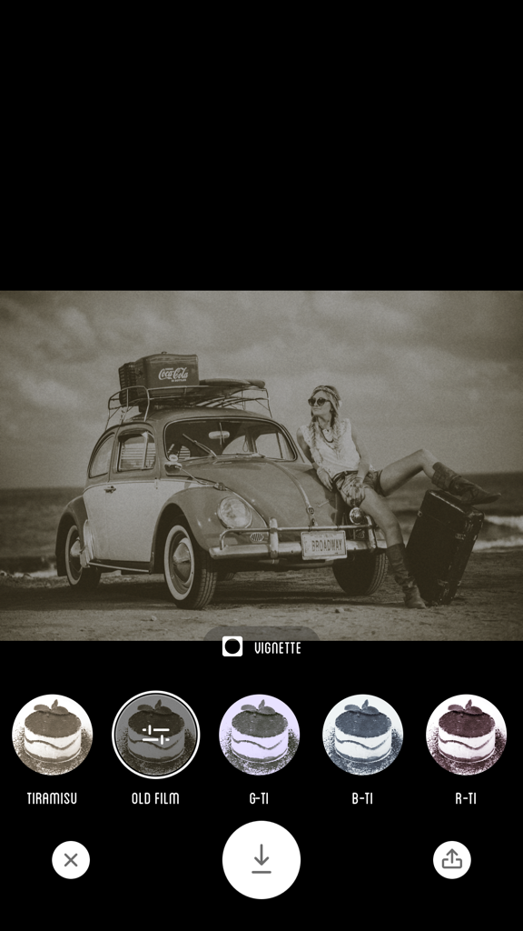 Tiramisu Camera app interface with a retro black and white filter on a vintage car photo