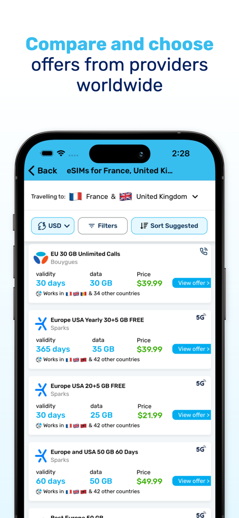 MobiMatter: eSIM Marketplace - Interfaz de la aplicación MobiMatter comparando planes de datos de eSIM internacionales de diferentes proveedores
