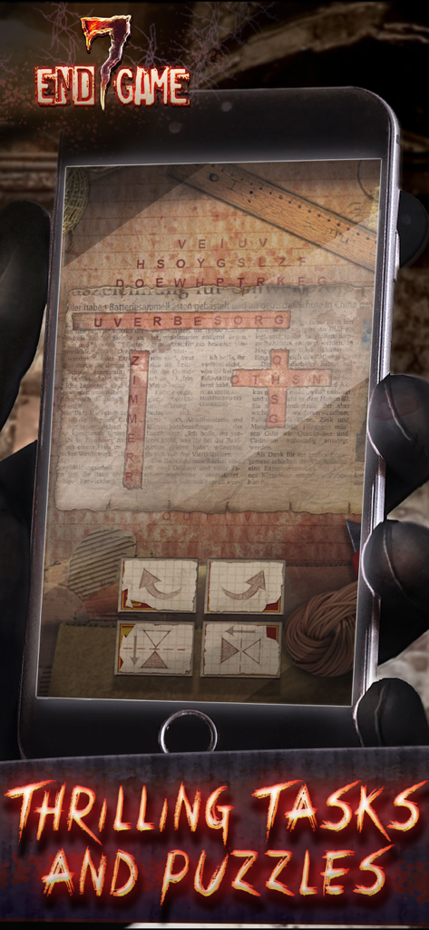 Seven - Endgame - A smartphone screen displaying a complex word puzzle and interactive tasks within the Seven Endgame thriller game.