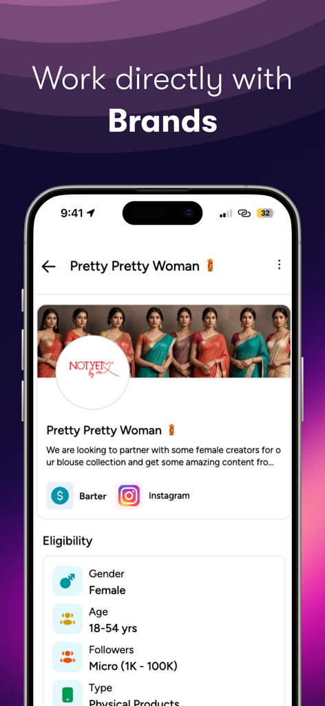 Infloso - Inflosoアプリのモバイル画面。インフルエンサー向けの直接ブランドコラボレーションの詳細と適格性を示しています。