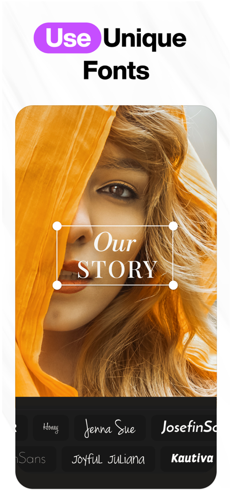 Graphic design app interface showing the use of unique fonts over a portrait photo for social media