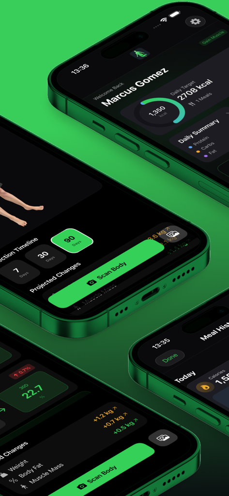 BodyMorpher: 3D Body Tracker - BodyMorpher app interface showing 3D body projections and calorie tracking on iPhones