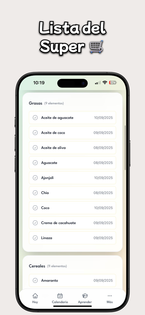 Alicia: Menús BLW Bebés - Smartphone zeigt eine Einkaufsliste für Baby-Led Weaning in der Alicia App