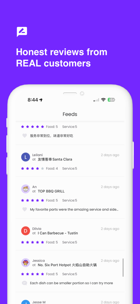 Minitable - Screenshot of the Minitable app displaying a feed of honest customer reviews and star ratings for various restaurants.