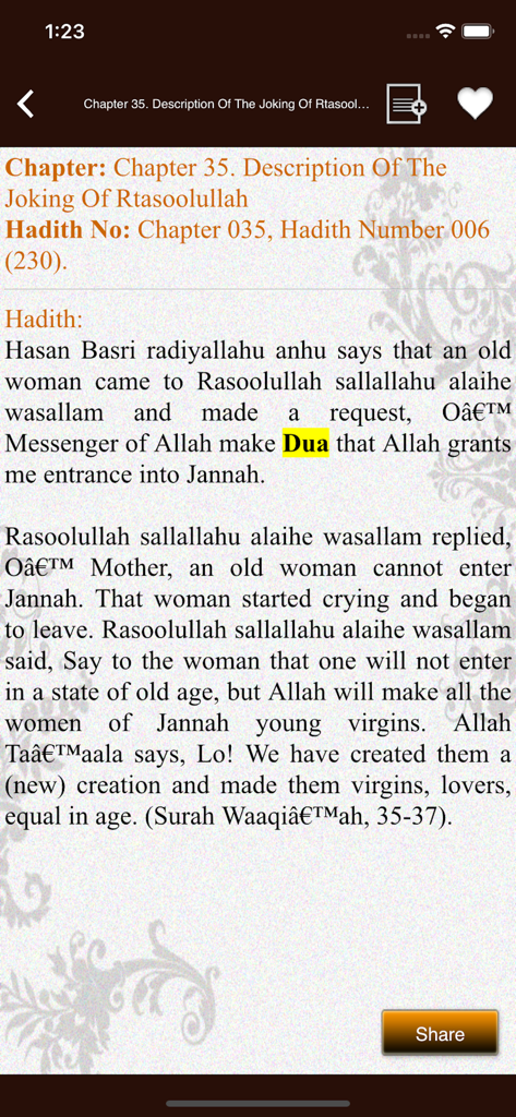 Tirmidhi - Traducción al inglés de un hadiz en la aplicación Tirmidhi con botones de navegación y para compartir