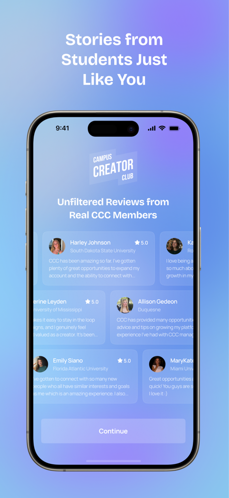 App screen displaying testimonials and five star reviews from student creators in the Campus Creator Club