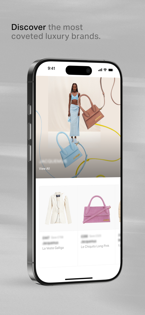 MILE - iPhone screen displaying the MILE app interface featuring luxury fashion items like Jacquemus handbags and a blazer.