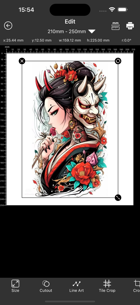 TATTOO PRT - Pantalla de edición de la aplicación Tattoo PRT mostrando una máscara de Oni de estilo japonés y un diseño floral con herramientas de medición e impresión.