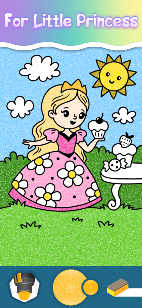A glittery princess coloring page with a smiling sun and drawing tools for kids