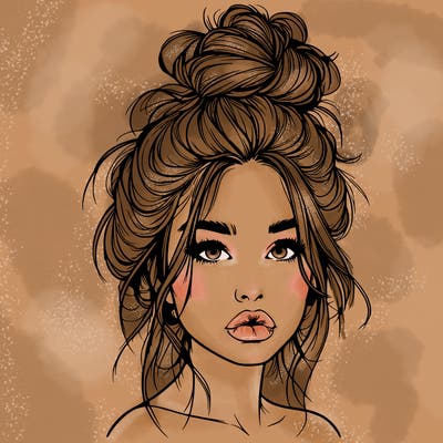 realistic girl with a messy bun and she has lips