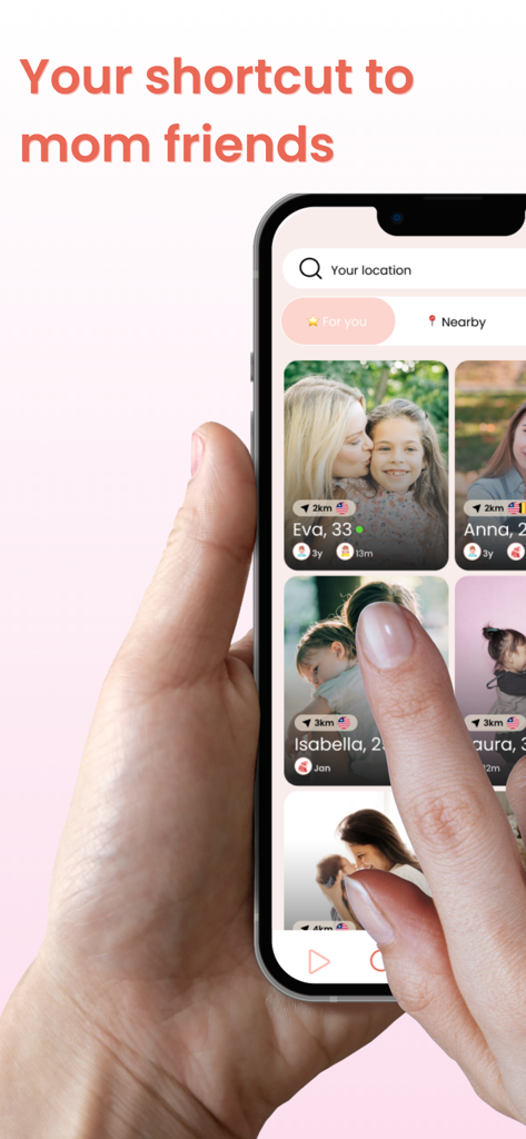 MamaMeet: Find Mom Friends - A hand holding a smartphone showing the MamaMeet app interface with profiles of local moms nearby.