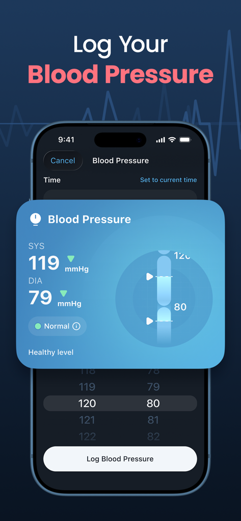 Smartphone screen showing the blood pressure logging feature in the Heartica app with normal systolic and diastolic readings
