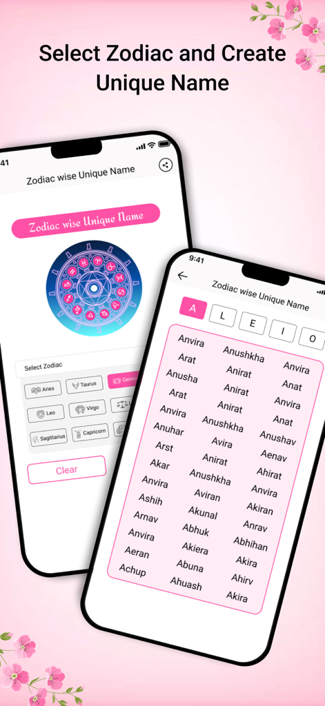 Couple Name Combiner AstroNams - Mobile app interface showing zodiac sign selection and a list of unique name suggestions for babies.