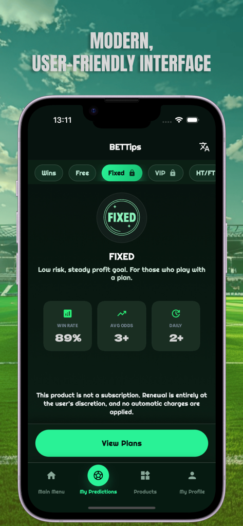 BETTIPS app modern interface showing fixed sports betting tips and success statistics