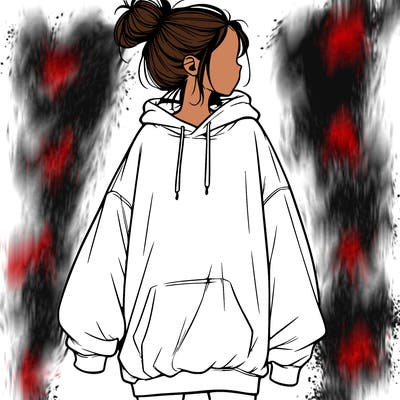 realistic girl with a oversized sweatshirt on and a bun
