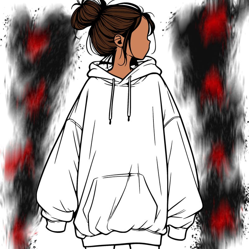 realistic girl with a oversized sweatshirt on and a bun