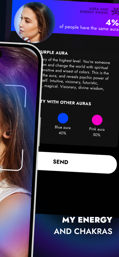 Aura and Energy Detector app interface displaying a purple aura result and chakra information.