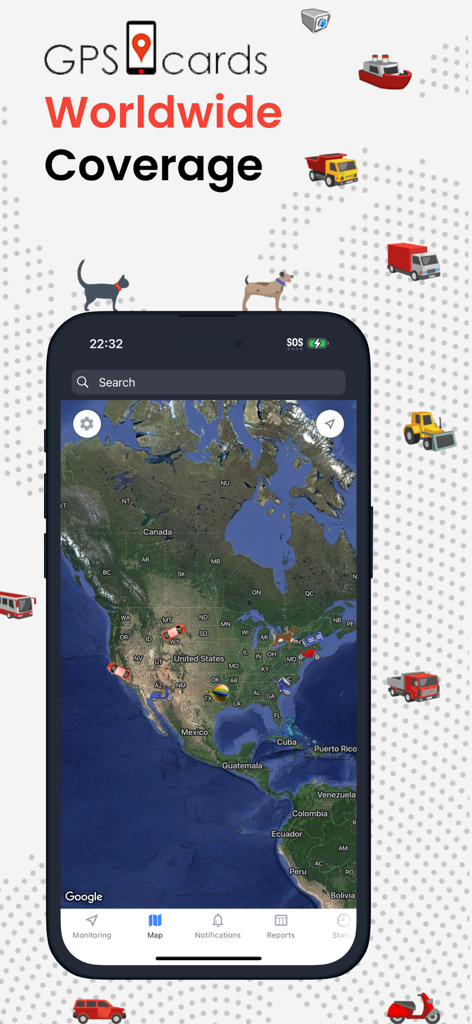 Interfaz de la aplicación Rastreador GPS mostrando rastreo mundial en tiempo real de vehículos y activos en un mapa satelital.