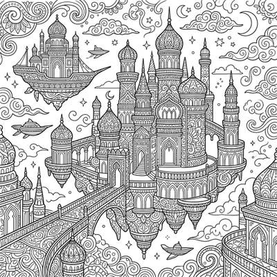Discover a magnificent world with this Zentangle Floating Palaces coloring page. Dive into a sky-high metropolis filled with intricate patterns, majestic architecture, and a touch of fantasy, perfect for a relaxing creative escape.