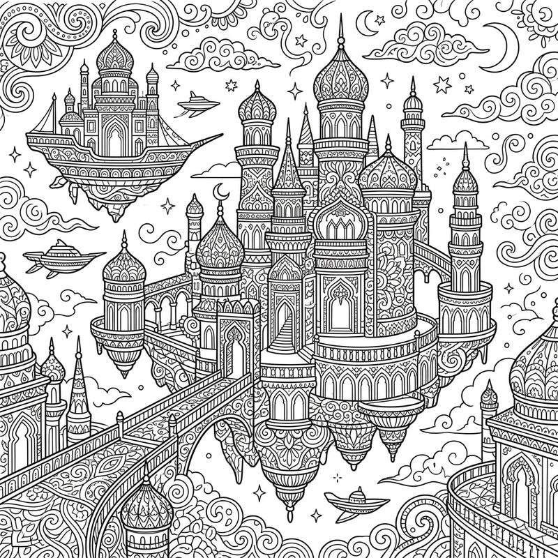 Discover a magnificent world with this Zentangle Floating Palaces coloring page. Dive into a sky-high metropolis filled with intricate patterns, majestic architecture, and a touch of fantasy, perfect for a relaxing creative escape.