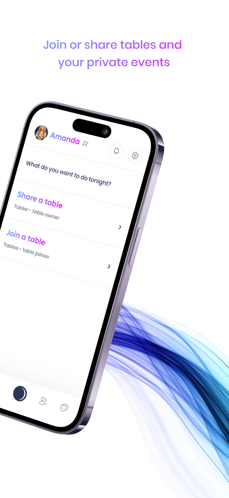 TABLER app home screen on a mobile phone showing options to share or join a VIP table for events.