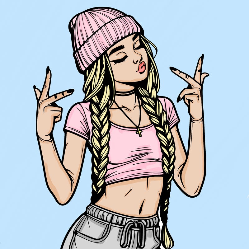 realistic teenage girl with braids and a beanie and crop top doing 🫶🏼