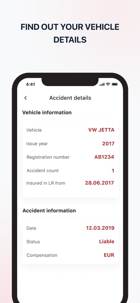 LTAB OCTA - Mobile app interface showing vehicle information and accident details for a VW Jetta in the LTAB OCTA insurance application