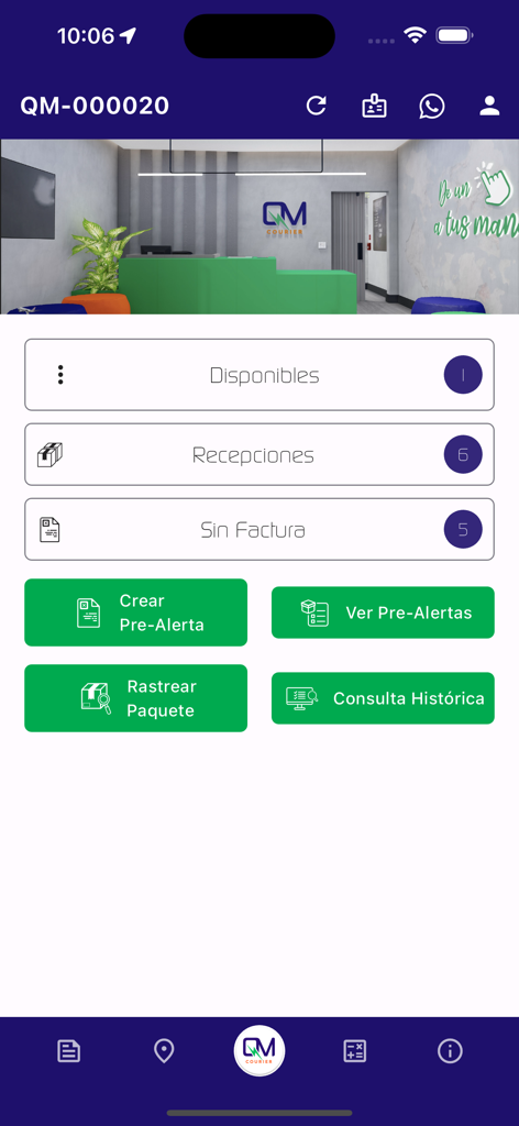 QM Courier - Home screen of the QM Courier mobile app showing package status and tracking options in Spanish