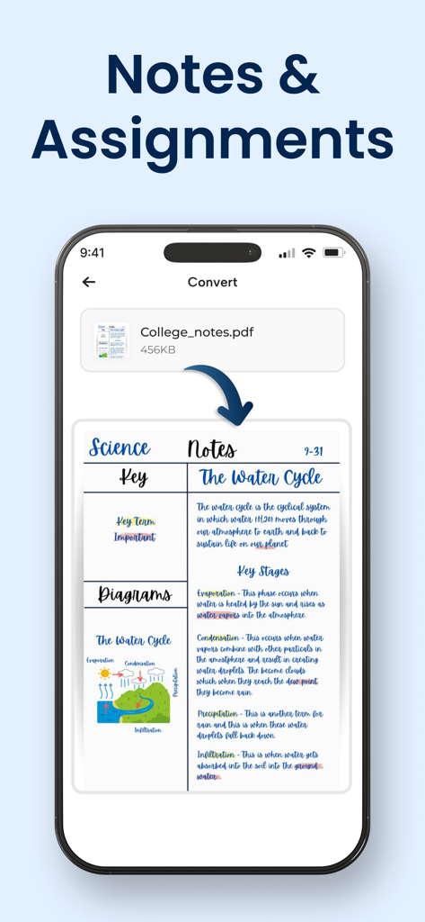 学生向けの科学ノートを備えたPDFからJPGへのコンバーターアプリを示すiPhone