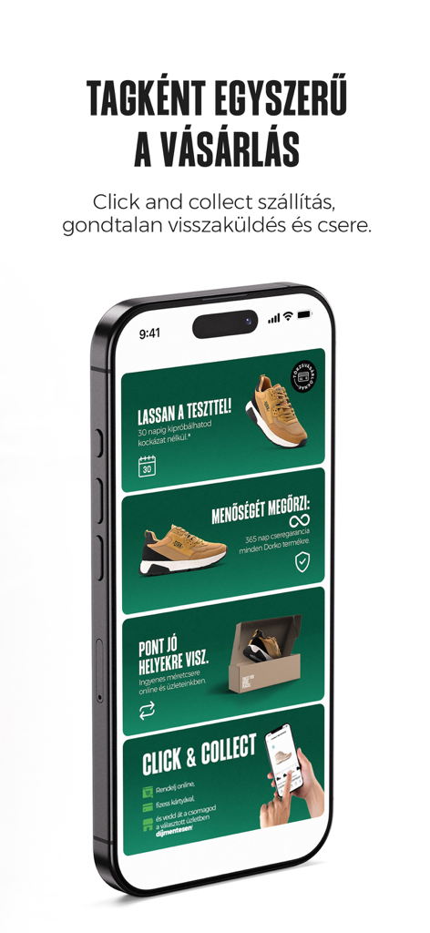DRK - Smartphone screen showing the DRK app interface with shopping benefits like click and collect and easy returns