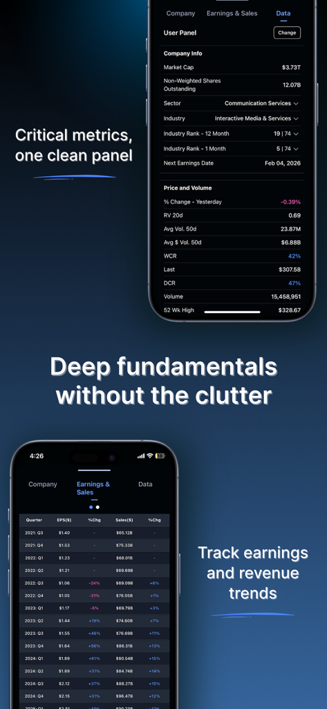 Deepvue‎ - Deepvue mobile app interface showing stock fundamental data and earnings revenue trends