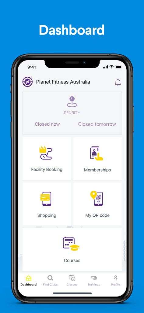 Planet Fitness AU - Panel de la aplicación móvil Planet Fitness AU mostrando opciones de menú para reserva de instalaciones, membresías y acceso con código QR