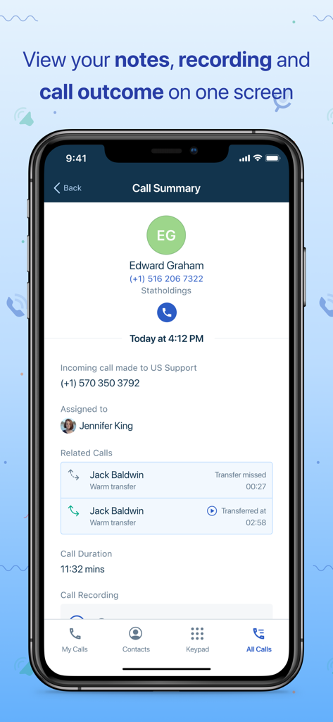 Freshcaller - Freshcaller mobile app call summary screen showing contact details and duration