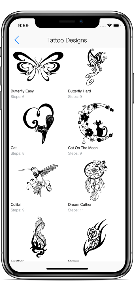 Draw Tattoo - Full Version - Interface do aplicativo Draw Tattoo mostrando uma galeria de vários designs de tatuagem como borboletas e gatos com contagem passo a passo