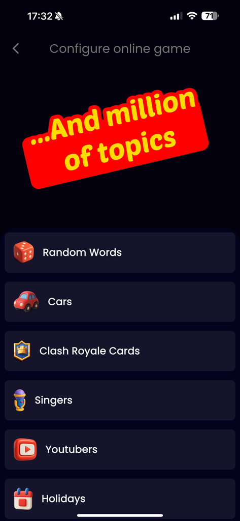 Un menu dans l'application Qui est l'Imposteur montrant diverses catégories de jeux telles que Mots aléatoires, Voitures et YouTubers.