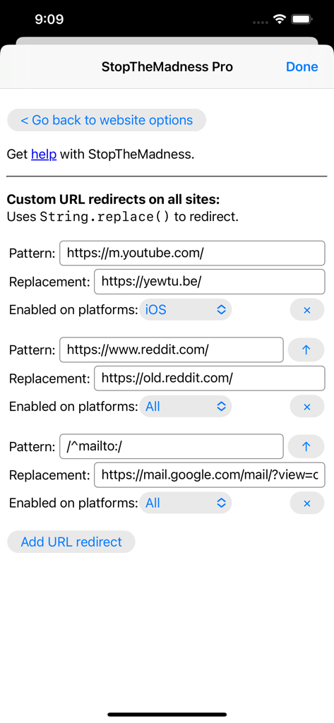 Interface of the StopTheMadness Pro app showing the custom URL redirects settings for YouTube and Reddit