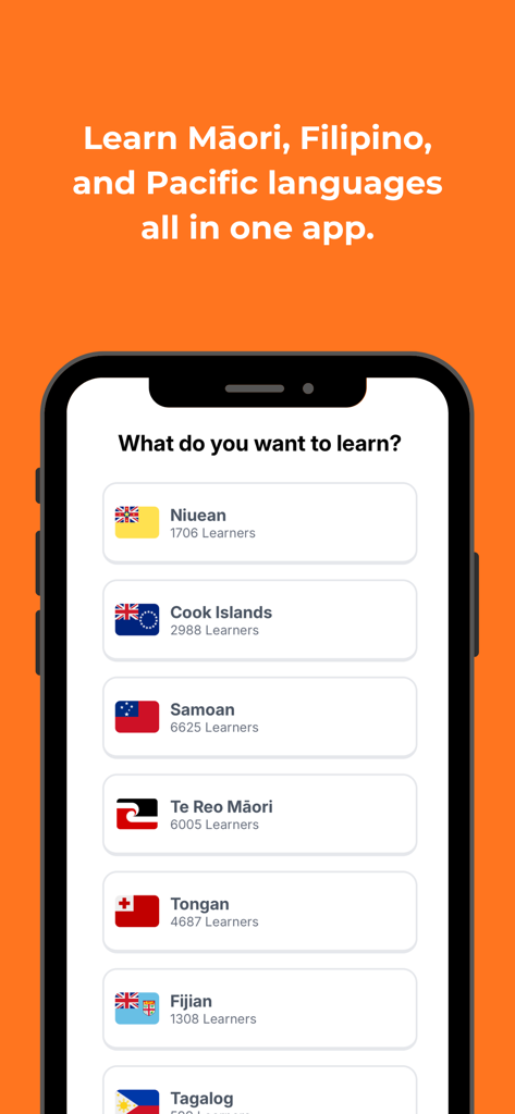 A smartphone showing the Asalei app interface with a list of Pacific and Indigenous languages to learn.