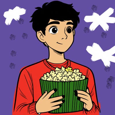 a teenage boy with popcorn